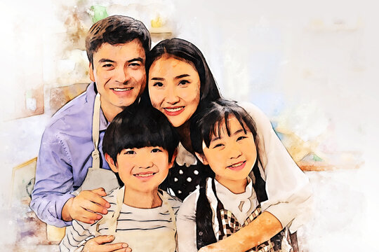 Abstract colorful happiness family smile portrait in kitchen room on watercolor illustration painting background.