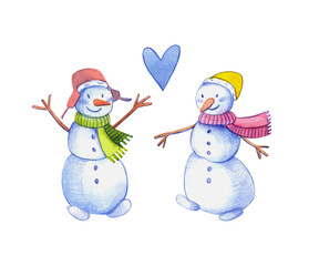 Cute childish illustration with snowmen. Snowmen drawn with watercolors and colored pencils. For postcards or other designs.