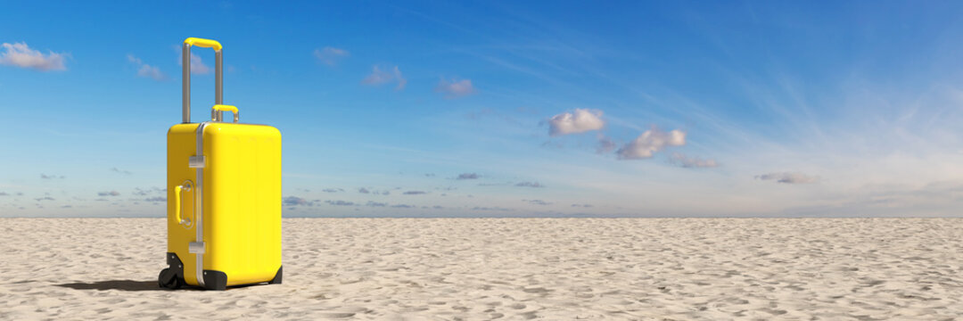 Koffer auf Sand vom Strand vor Himmel im Urlaub