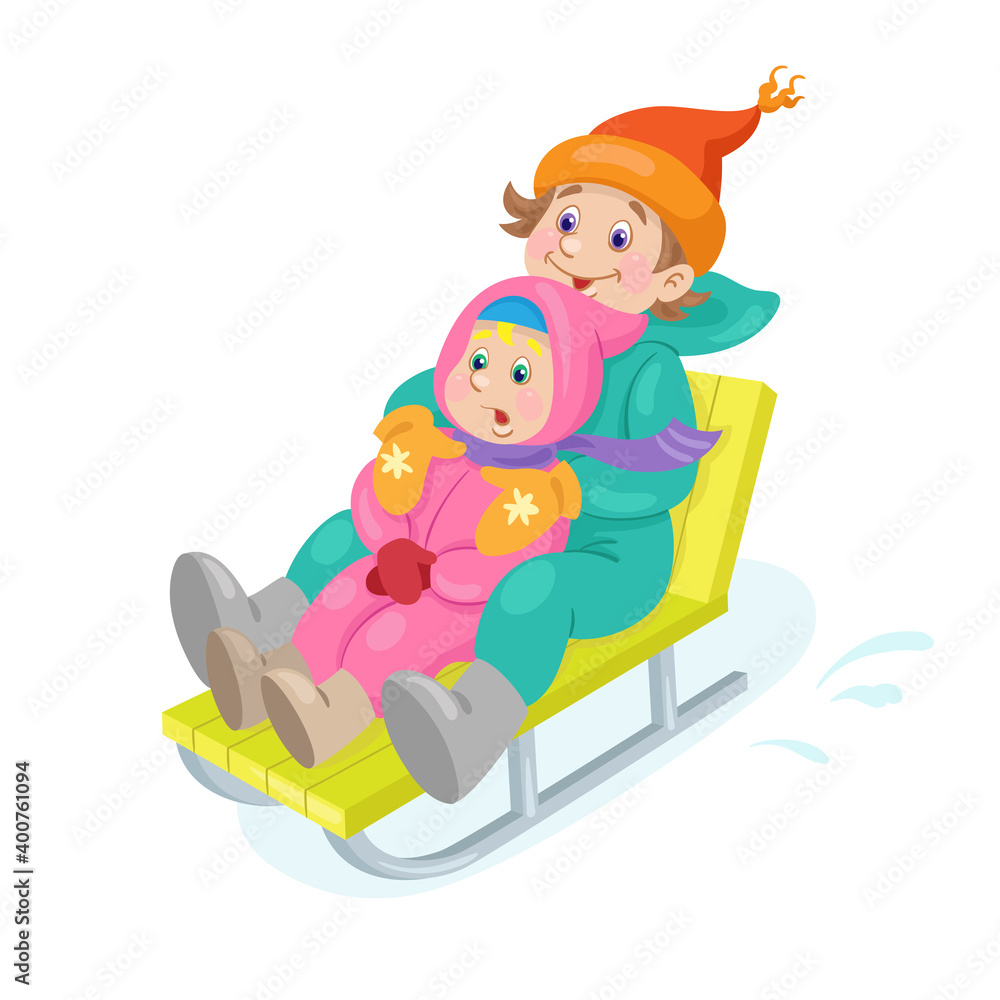 Poster Children in winter. Funny kids ride from the mountain on a sled. In cartoon style. Isolated on white background. Vector flat illustration.