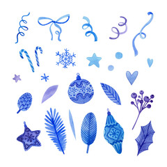 Watercolor winter set with festive candies, Christmas decorations, snowflakes, leaves and candies. For stickers, greeting cards and other designs.