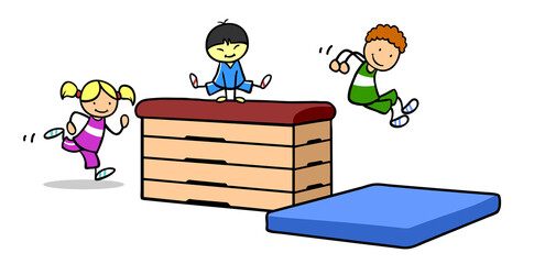 Obraz na płótnie Canvas Kinder springen über Sprungkasten beim Kinderturnen