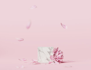 3D display podium pastel pink flower  background. Peony blossom. Nature minimal marble, stone pedestal with falling petals. Beauty, cosmetic product presentation. Valentine, template 3d render