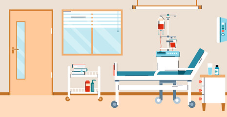 Interior of a hospital room with a bed and medical equipment for first aid and treating ill patients. Banner for concept of medicine and health care. Vector illustration.
