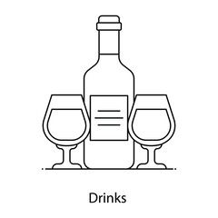 
Wine bottle with glasses, flat outline icon of drinks 
