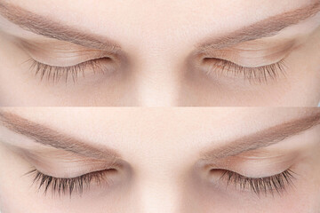 Woman eyelash tinting before and after. Henna tint, lamiation, keratin