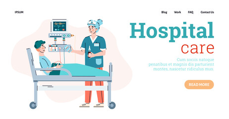 Vector landing page template with female doctor taking care for male patient lying in medical bed. Modern hospital room with equipment for intensive therapy and medical diagnostics