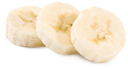 sliced banana isolated on white background. Clipping path and full depth of field