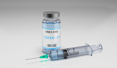 Vaccine for Covid-19. Dose bottles and syringe on a gray background. 3d render