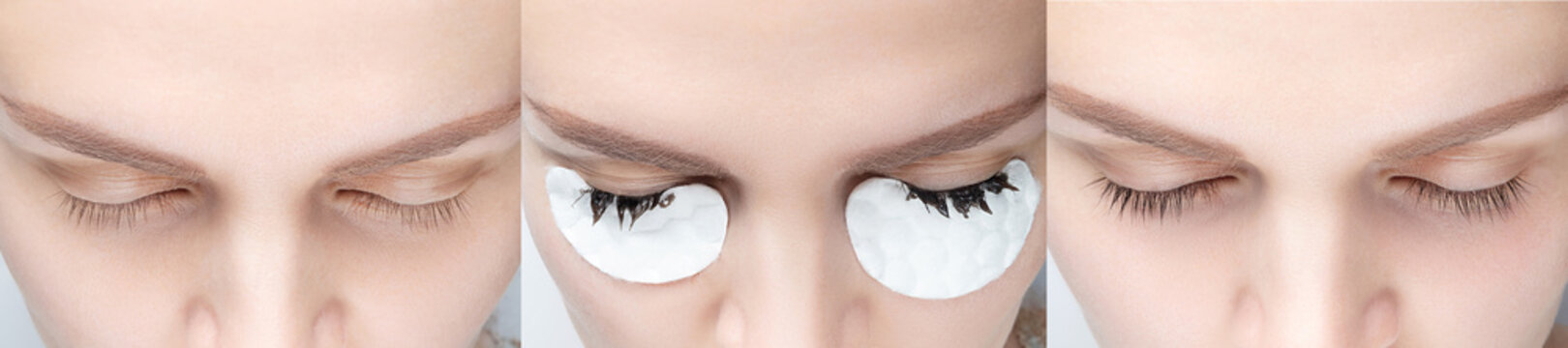 Eyelash tinting before and after. Closeup of womans eyes during eyelash dyeing procedure