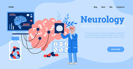 Vector landing page template with doctor neurologist studying pictures x-ray, eeg, mrt scans of human brain. Medical diagnostic, consultation and treatment of neurology disease.