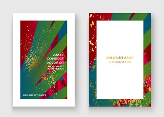 Creative Christmas cover frame design paint golden splatter, gold glitter vector illustration. Neon red green abstract template invitation. Colorful striped pattern geometric shape greeting background