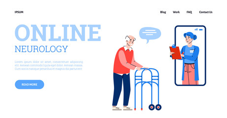 Online neurology medicine website page template with doctor advising disabled elderly patient on neurological issues, flat cartoon vector illustration.