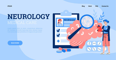 Web page template for neurology medical services and consultation with doctor neurologist, flat cartoon vector illustration. Nervous system disorders and diseases treat.