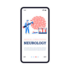 Neurological medical consultation app page template with doctor neurologist, cartoon vector illustration. Onboarding page screen for neurology medicine.