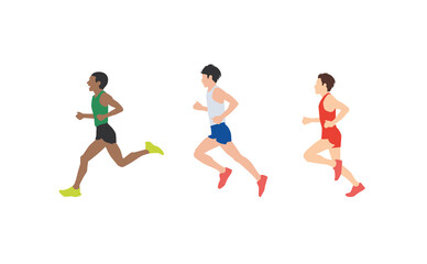 Fototapeta na wymiar Men dressed in sports clothes running marathon race. Participants of athletics event trying to outrun each other. Flat cartoon characters isolated on white background. Vector illustration.