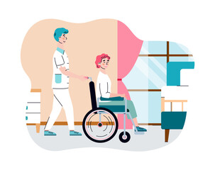 Nursing home for elderly retired people. Female doctor nurse help old woman in wheelchair. Residential for accommodation, health care of gerontology patients. Vector illustration