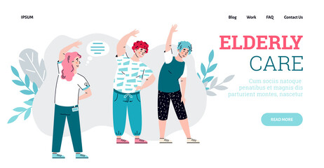Fototapeta na wymiar Elderly care website template with people doing physical exercises after injuries, flat cartoon vector illustration. Rehabilitation and physiotherapy for elderly.