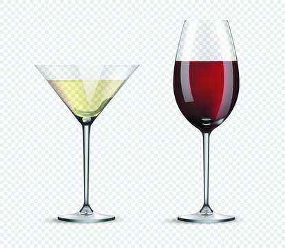 Two glasses for wine and cocktails isolated on transparent background realistic glasses with carbonated drinks, celebration concept. Vector illustration.