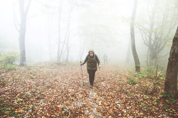 Hike Woman walking on foggy autumn day through misty forest. Healthy lifestyle.