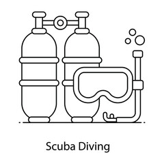 
Scuba diving vector in flat outline style, water diving equipment 
