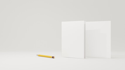 Blank greeting card mockup with pencil 3d illustration