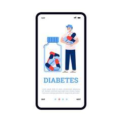 Onboarding page design for diabetes specialists application with man holding pills, flat cartoon vector illustration. Diabetes disease treatment and prevention app.
