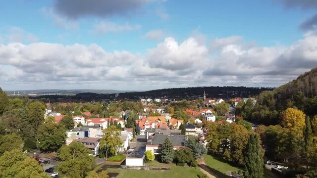 Bad Harzburg village in the mountains drone flight
