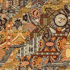 Hawaiian style tapa fabric patchwork abstract vintage vector seamless pattern
