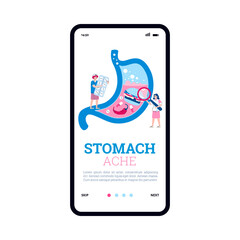 Onboarding mobile page design for stomach ache treatment emergency advice, flat cartoon vector illustration. Mobile app screen for stomach diseases prophylactic.