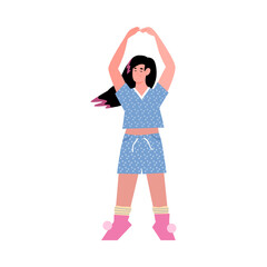 Happy girl in pyjamas costume having fun and dance at pajama party. Female character enjoy the trendy evening holiday. Vector flat illustration isolated on a white background.