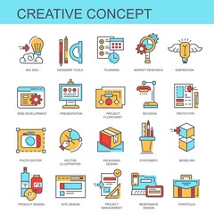 Creative concept. Set of flat, vector, color, linear icons. Set of icons for the site. The set includes icons such as web development, web development, presentation and others.