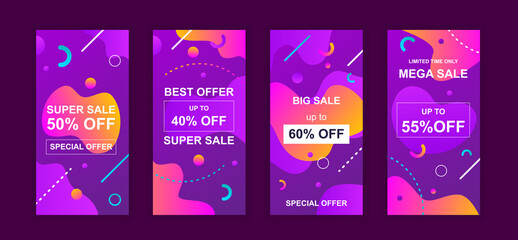 Advertising design social networks instagram stories. Set of sale web banner, poster, cover for online shopping, marketing, promo, discount products. Modern insta cover template. Vector illustration.