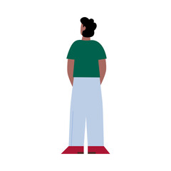 Back view of standing young man with dark hair. Guy in green t-shirt and blue trousers from behind. Flat vector illustration isolated on a white background.