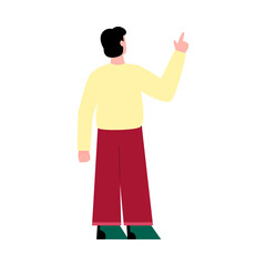 Brunette man standing his back and pointing with his hand up, flat cartoon vector illustration isolated on white background. Rear view of guy with pointing gesture.