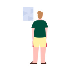 Back view of guy standing in front of the picture. Male character rear. Man in summer clothes view from behind. Vector isolated illustration