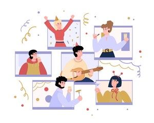Virtual party banner design with people socialising in network, flat cartoon vector illustration isolated on white background. Online celebration and communication.