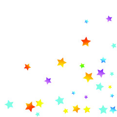 Rainbow Festive Confetti. Carnival Template. Colorful Star Falling. Beautiful Holidays Party. Little Tiny Multicolor Sprockets on White Background. Bright Vector Illustration.
