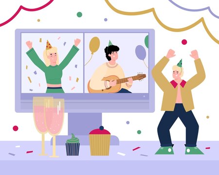 Vector Banner With Virtual Party, Video Chat, Online Internet Birthday Celebration For Friends Stay Home In Quarantine Or Living Far Away. People Play Guitar, Dance And Drink Drinks