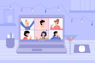 Virtual internet party banner concept with computer with live chat on screen, cartoon flat vector illustration. Social media internet party celebration in media app.