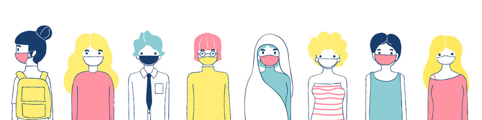 Group of young people wearing protective medical face masks to protect from virus, urban air pollution, smog, vapor, pollutant gas emission. Vector illustration for graphic