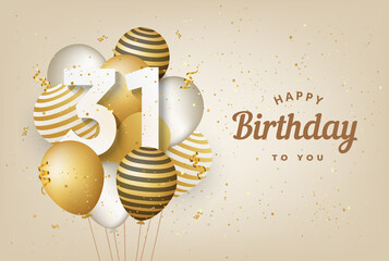 Happy 31th birthday with gold balloons greeting card background. 31 years anniversary. 31th celebrating with confetti. Vector stock
