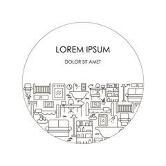 Vector illustration of furniture outlines for interior design studio, web design, decoration, advertisement, flyer, price list, background, label or logo. Line art drawing in a circle
