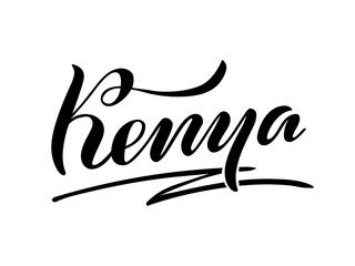Vector illustration of Kenya brush type lettering for banner, postcard, poster, clothes, advertisement, web design or decoration. Handwritten text can be used for template, print, travel guide
