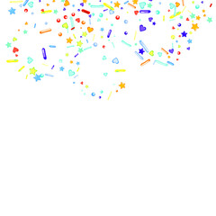 Sprinkles grainy. Cupcake donuts, dessert, sugar, bakery background. Sweet confetti on white chocolate glaze background. Vector Illustration sprinkles holiday designs, party, birthday, invitation.