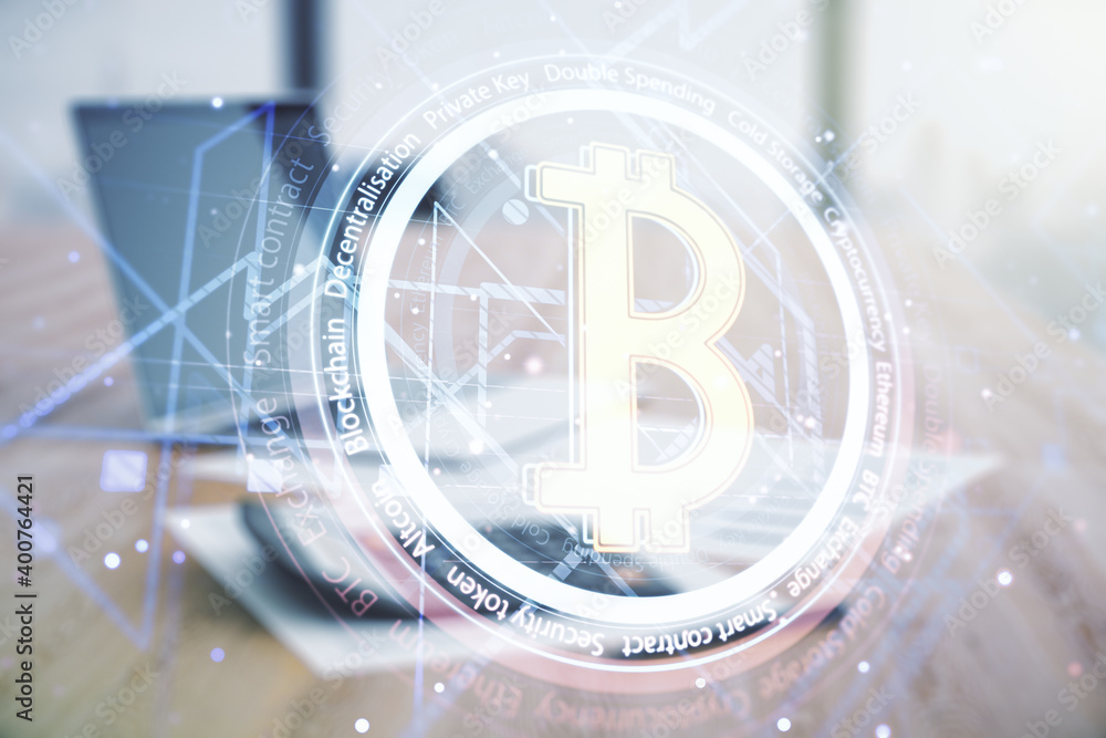 Poster double exposure of creative bitcoin symbol hologram on calculator and pc background. mining and bloc