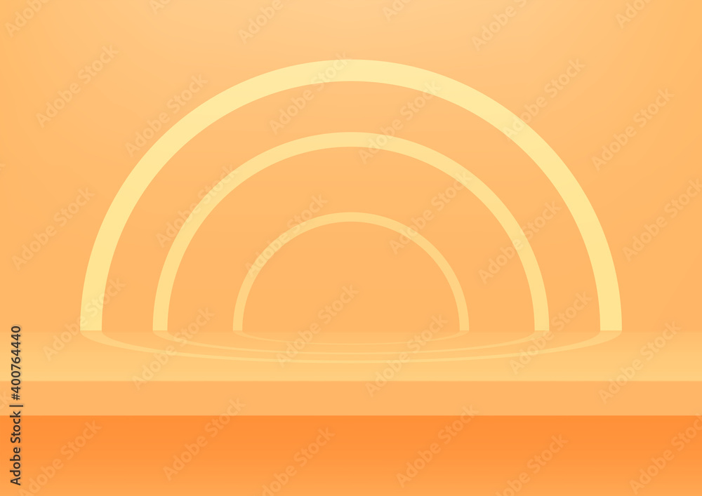 Poster realistic orange shelf on the studio wall. empty studio orange background for product display with c