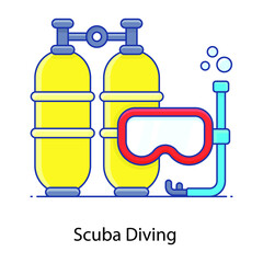 
Scuba diving vector in flat outline style, water diving equipment 
