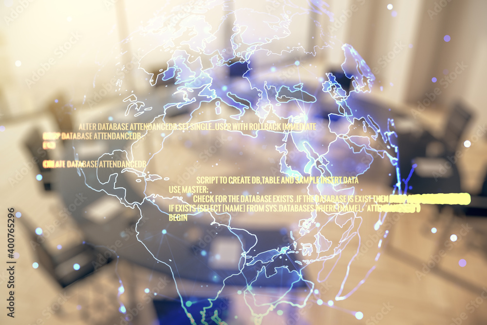 Poster multi exposure of abstract software development hologram and world map on a modern meeting room back