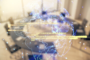 Multi exposure of abstract software development hologram and world map on a modern meeting room background, global research and analytics concept